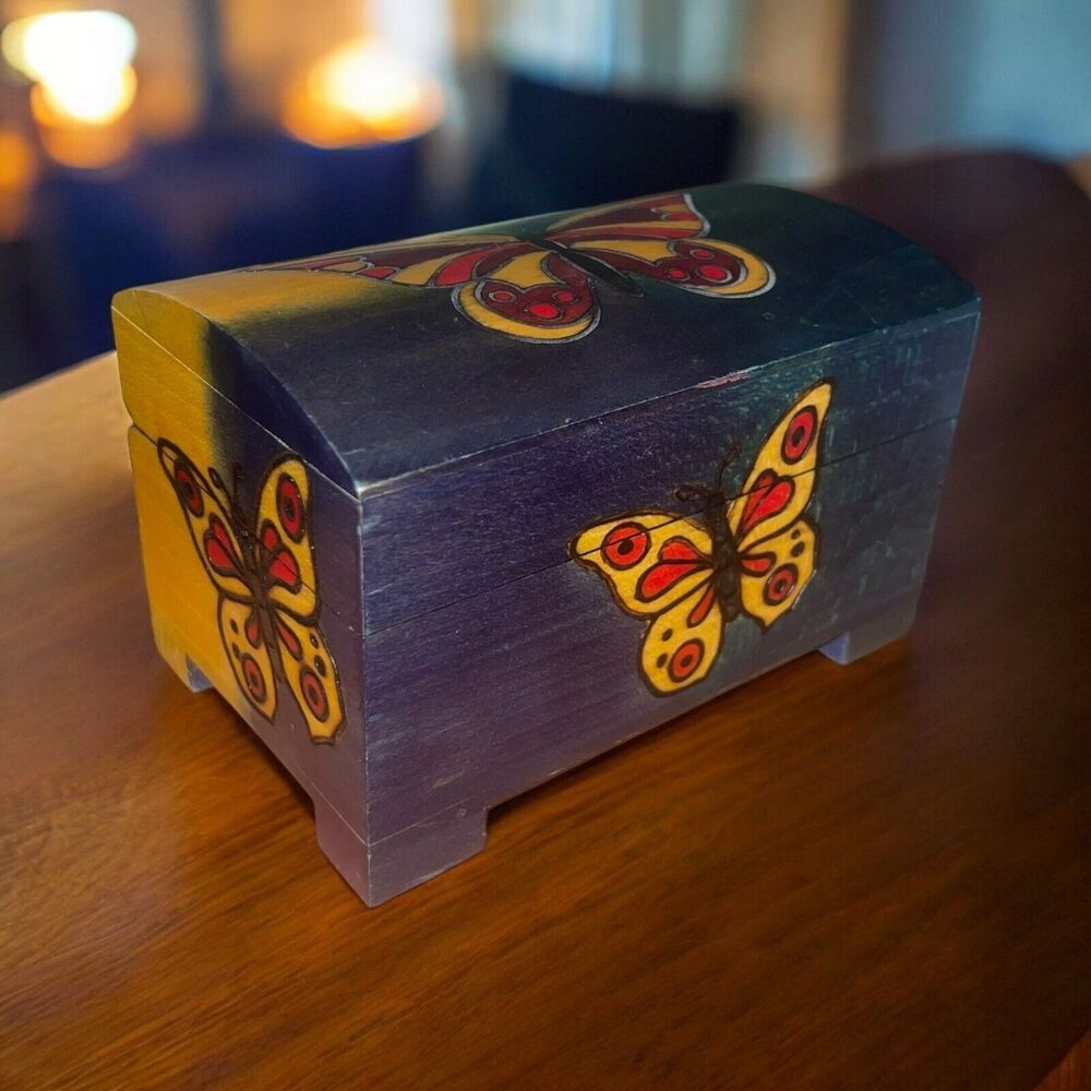 Handmade Carved Butterfly Wooden Hinged Trinket Jewelry Stash Box Signed